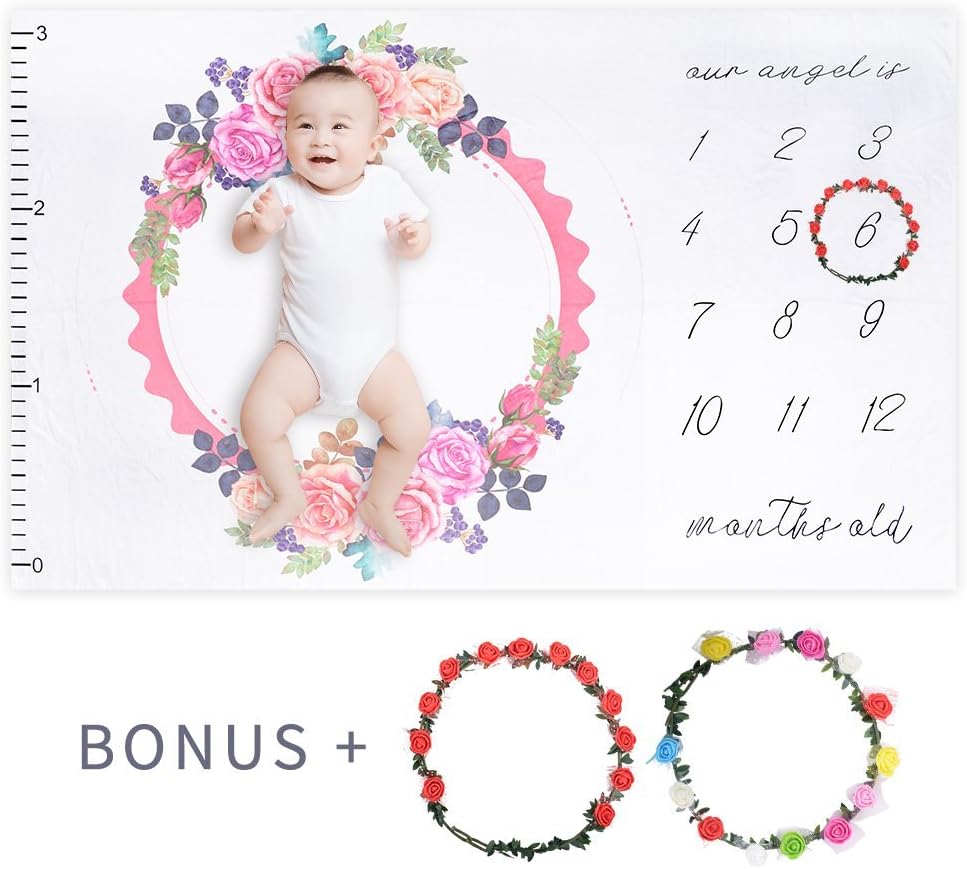 Babyย Milestoneย Blanket for Girl Or Boy | Baby Month Blanket | Perfect for Baby Boy Or Girl Photo Props | Attention Baby Height per Month | Extra Large 60 x 40 | Wreath Frame Included