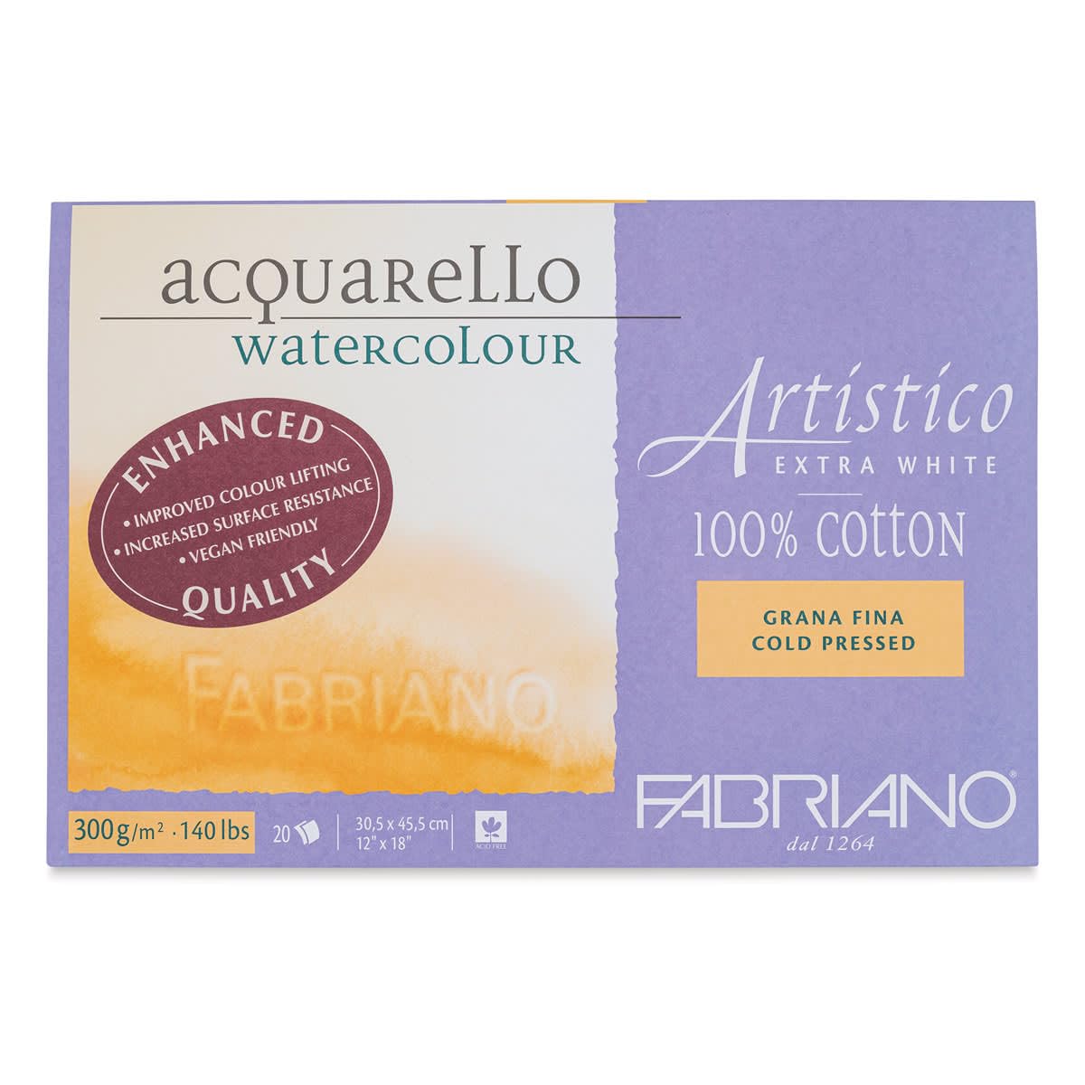 Honsell Fabriano Artistico Acquarello Watercolour, Extra White, Fine Grain Cold Pressed, 30.5 x 45.5 cm, 20 Sheets of 300 g/m², High-Quality Artist's Watercolour Cardboard, Pad Glued on 4 Sides