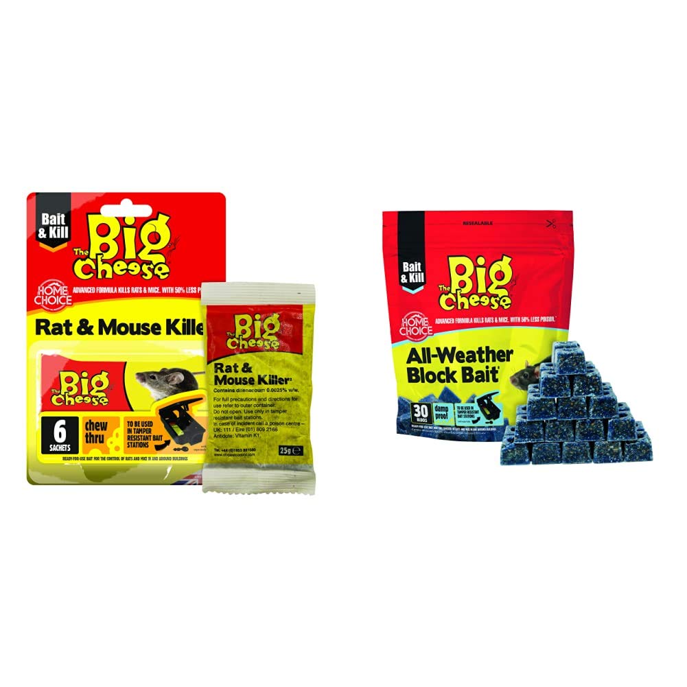 The Big Cheese Rat Killer and Mouse Killer Grain Poisoning Sachets (6 x 25 g) - Rat Poison, Mouse Poison & Rat and Mouse Poison (30 x 10 g) - Rodent Killer, Rat Poisoning Blocks, Blue