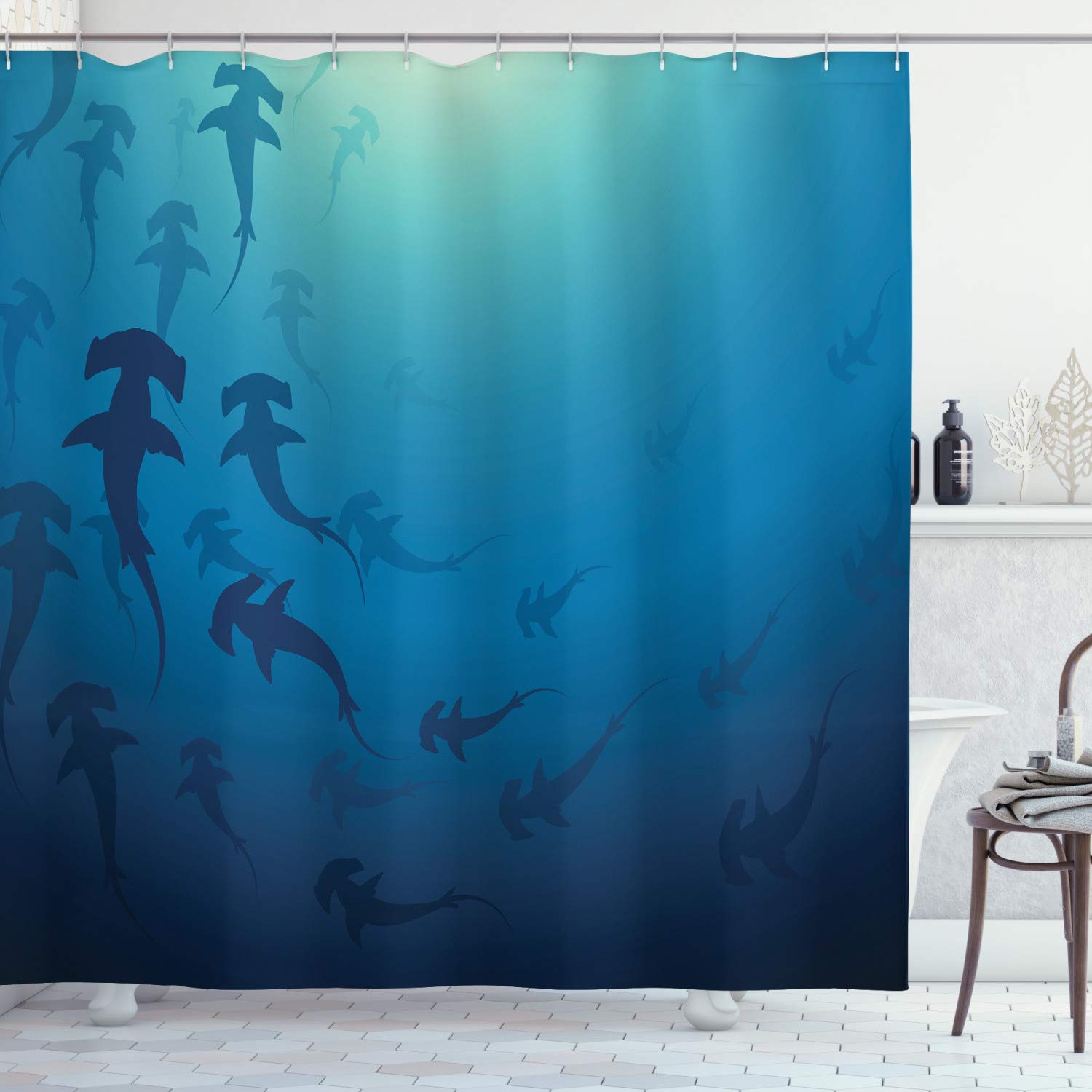 ABAKUHAUS Sea Animals Shower Curtain, Hammerhead Shark School Scan Ocean Dangerous Predator Wild Nature Illustration, Cloth Fabric Bathroom Decor Set with Hooks, 175 x 180 cm, Navy Blue