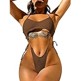 ChiaoLezhee One Piece Swimsuit, Sexy High Cut Monokini, Rave Outfits, Tan Through Swimwear Slingshot Cutout Thong Tie Bikini
