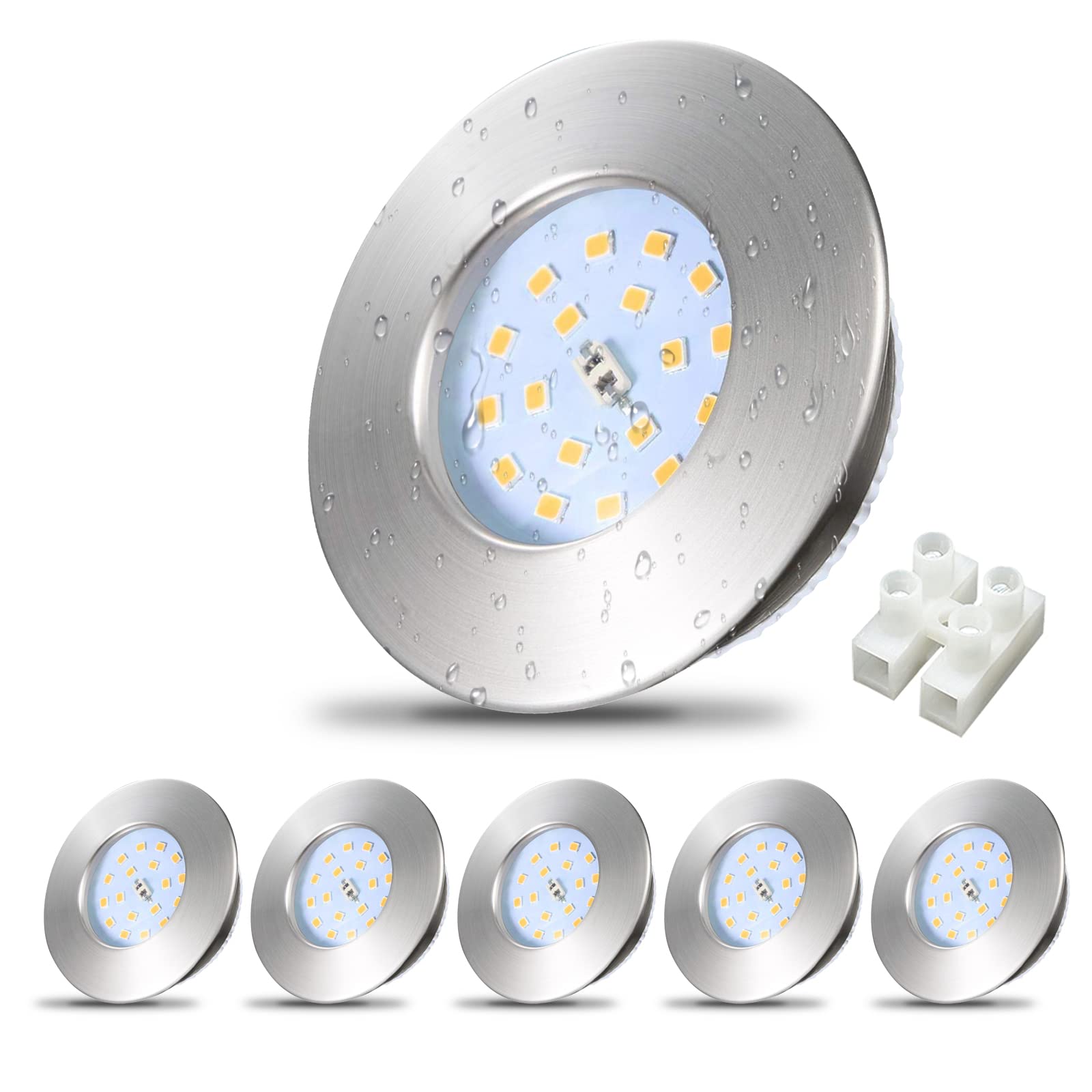 Allesgute 6X 5W LED Downlights for Ceiling Round IP44 Bathroom Down Light Ultra Slim Brushed Chrome LED Spotlights Warm White 240V, Cutout Ø60-68mm