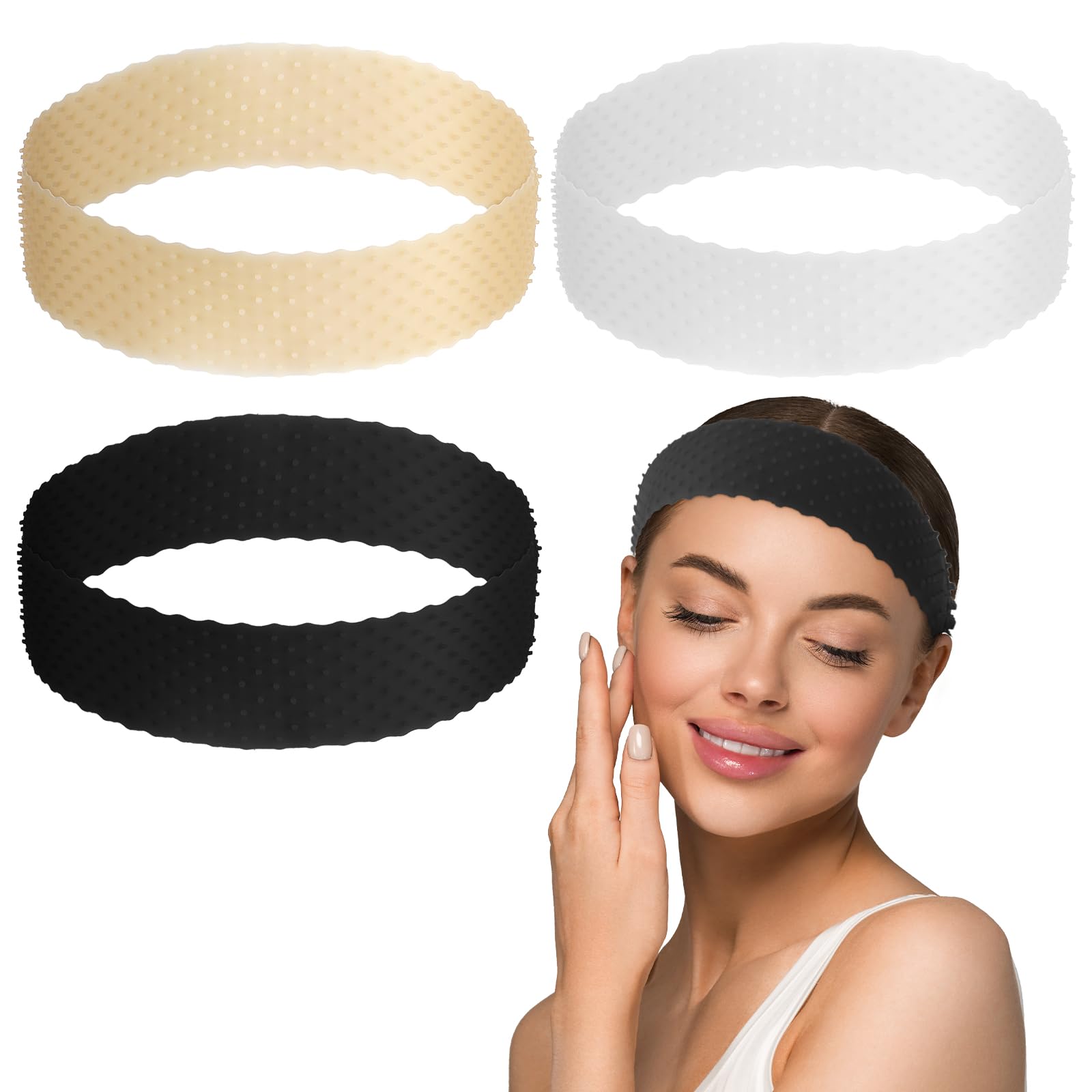 Photo 1 of 3 Pieces Set Silicone Wig Grip Band, Non Slip Elastic Headband Grip, Adjustable Wig Band, Strong Holder Silicone Headband for Men Women Wigs Hair Styling, Sports and Yoga (Black, White, Light Brown)