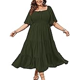 SCOMCHIC Women's Plus Size Flowy Maxi Dress Flutter Short Sleeve Boho Dress Square Neck Smocked Formal Dresses for Women
