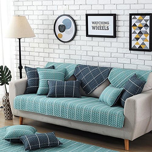 Sofa Mat Armrest Cover Cotton Quilt Non-Slip for Sofa Furniture (28x28Inch Blue Checkered Plaid)