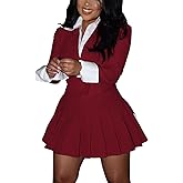 kaimimei Pleated Mini Skirt Sets Women 2 Piece Outfits Dressy Fall Cropped Blazer Skirt Suit Set Long Sleeve