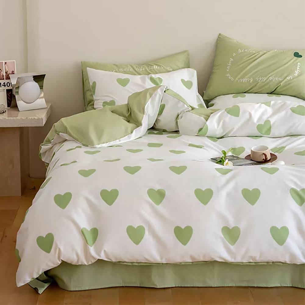 Michorinee Double Duvet Cover Set Kids Girls White Green Heart Bedding Double Bed Set 3pcs Reversible Quilt Cover 200x200 cm with 2 Pillow Cases 50x75 cm Easy Care