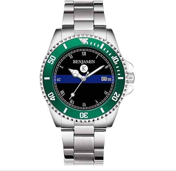 Amazon Co Jp メンズ 警察ファン用 高級腕時計 回転ベゼル クォーツ シルバートーン ステンレススチール 細いブルーライン サービスマンウォッチ ブラック グリーン 腕時計