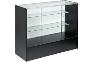 DISPLAYS2GO 4-Foot-Long Glass Display Cabinet with Sliding Door, Adjustable Shelves, Ships Unassembled - Anodized Aluminum Extrusions with Black Melamine Panels