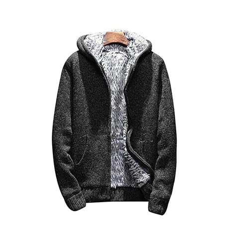 Shujin Herren Herbst Winter Dicken Strickjacke Gefüttert mit Fell Cardigan Grobstrick Zipped Fleece Sweatjacke mit Kapuze Kap