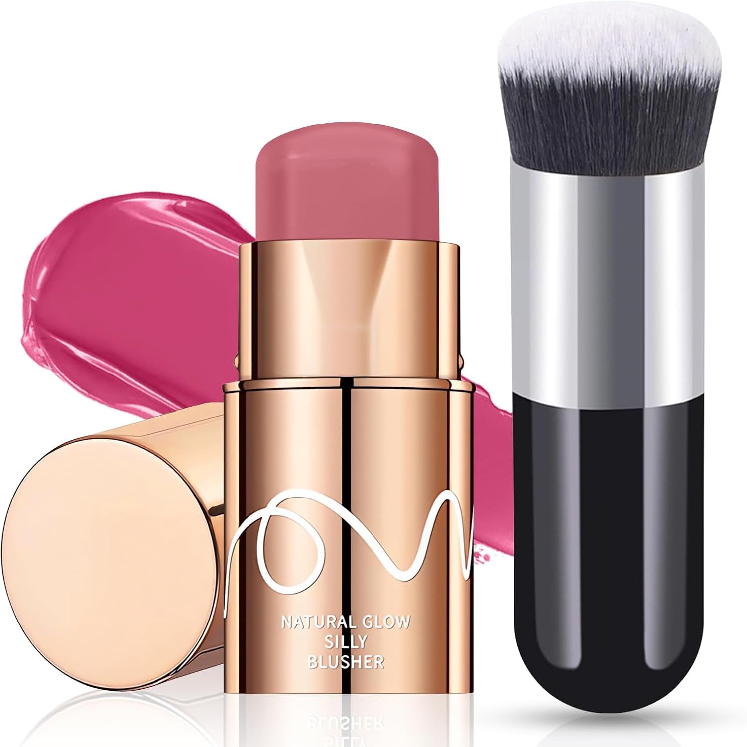 Cream Blush Stick, 3-in-1 Multi-Use Blusher Contour for Lip Cheek Eye, Long-lasting Waterproof Cream Blusher with Makeup Brush, Moisturize Blush Wand, Lightweight Face Blusher for Women Nature Look