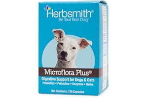Herbsmith Microflora Plus – Dog Digestion Aid –Probiotics and Digestive Enzymes for Dogs – Prebiotic for Dogs – 120 Capsules