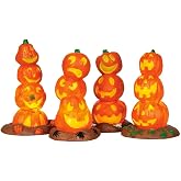 Lemax Light-Up Pumpkin Stack, Pack of 4, #34623, 3.94-in Halloween Display | Stacked Jack-o'-Lanterns Glow from Within | 3 AA Batteries or Lemax Power Adaptor | Spooky Town Village Display