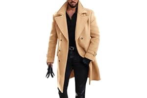 Runcati Mens Double Breasted Trench Coat Mid Long Jacket Notched Lapel Winter Chunky Warm Overcoat
