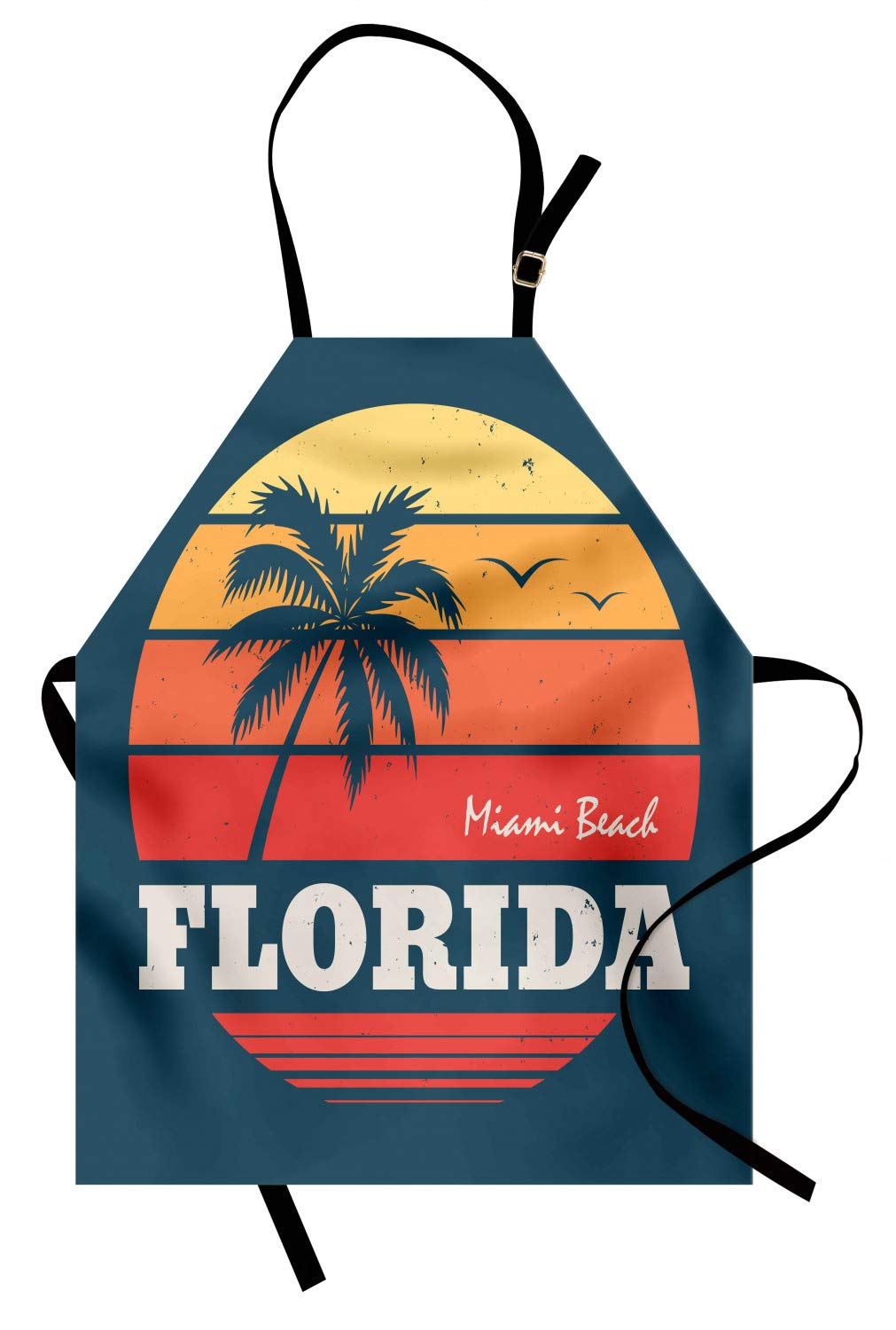 ABAKUHAUS Florida Apron, Abstract Circular Design of Miami Beach Warm Colored Sunset and Birds, Unisex Kitchen Apron with Adjustable Neck for Cooking Baking Gardening, Blue-Grey and Multicoloured