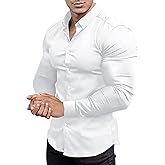 whox Men's Muscle Fit Dress Shirts Long Sleeve Button Down Work Collared Slim Fit Stretch Wrinkle Shirt