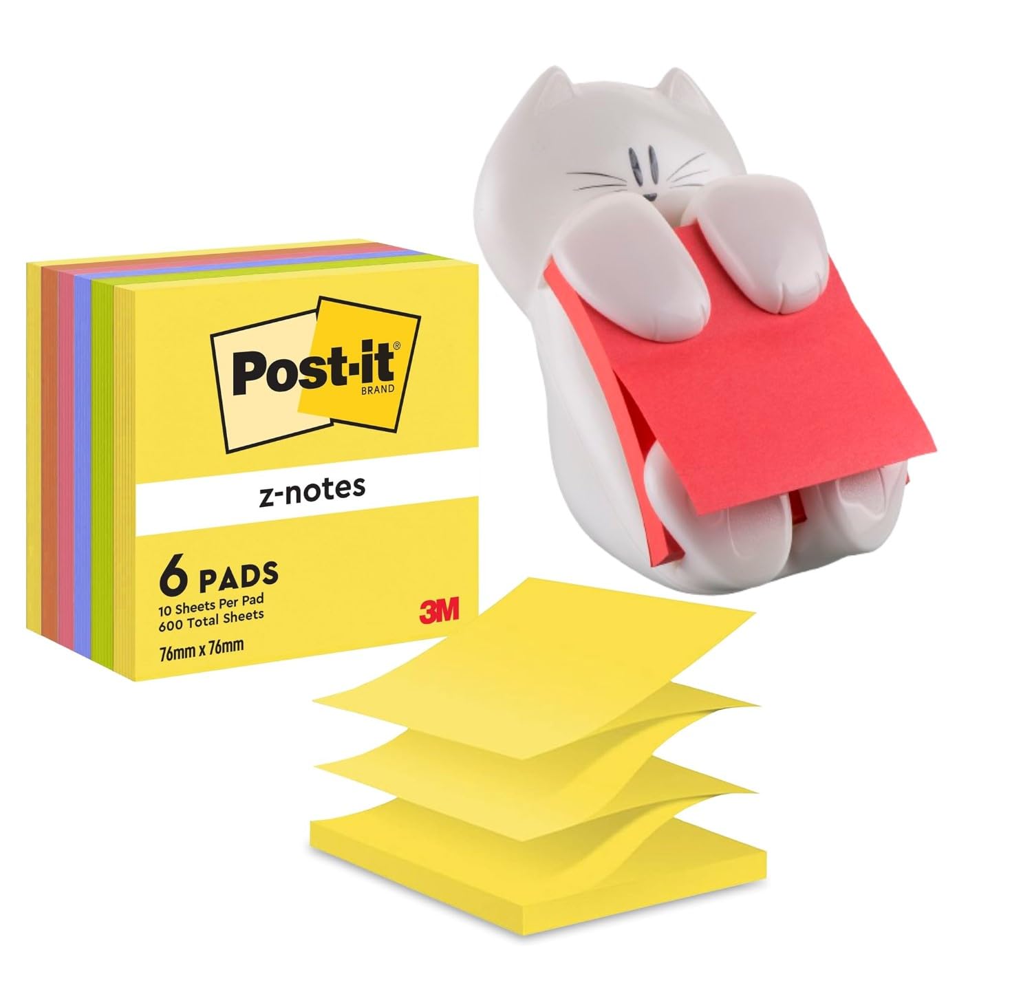 Post it Notes Cat Dispenser and Super Sticky Z Note Pad, Yellow, Blue, Green, Pink, Orange (6 pads, 100 sheets per pad)