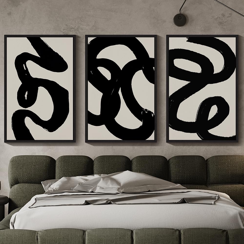 Photo 1 of **CRACKED FRAME SEEN IN PHOTO**PHOPAGO Black Abstract Wall Art Large 24x36in Ink Wash Minimalist Lines Framed Canvas Painting Artwork Living Room Bedroom Home Decor Black Framed