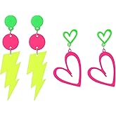 WJIAAA 80s Neon Earrings for Women, 2 Pairs Acrylic Lightning Bolt and Heart Drop Dangle Earrings, Retro Glow Party Accessories for Halloween Costume Outfits