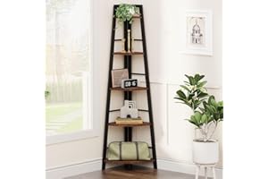 BON AUGURE Rustic Corner Ladder Shelf, 5-Tier Black Metal Wood Corner Bookshelf, Narrow Tall Bookcase Shelving Unit for Living Room, Home Office, Small Space (Rustic Oak)