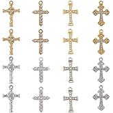 SUNNYCLUE 1 Box 32Pcs 8 Styles Rhinestone Cross Charms Bulk Crucifix Metal Charms Gold Silver Alloy Shiny Small Zirconia Easter Pendants for Jewelry Making Supplies Crafts DIY Necklace Earrings