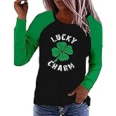 St. Patrick's Day Women's Green Shamrock Clover Leaf Print Glitter Irish T-Shirt Raglan Graphic Tees
