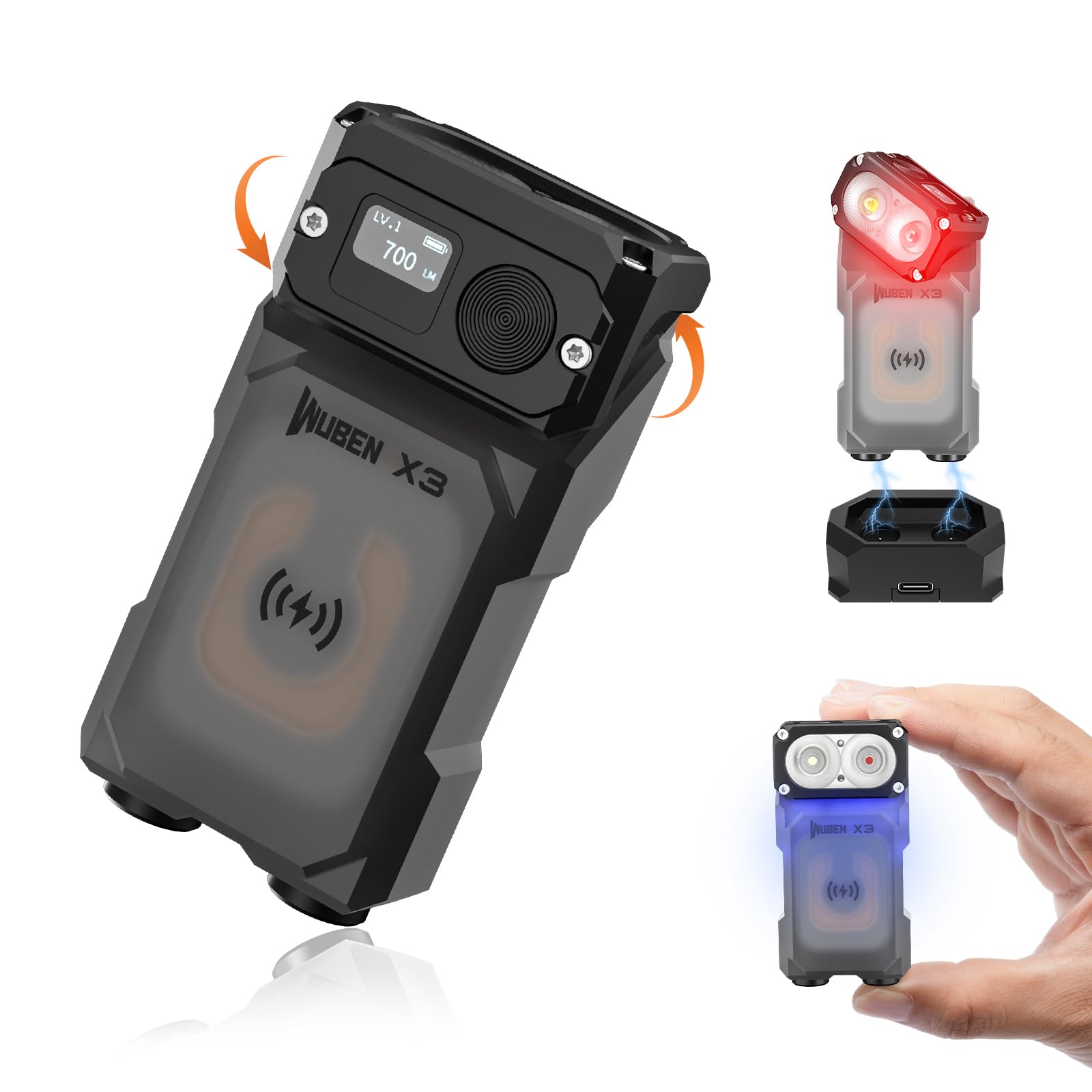 WUBEN X3 Mini Torch with Rechargeable Charging Base 180 Degree EDC Keychain Torch Twist Ip65 Waterproof Magnet Pocket Torch 10 Mode Type-C Lanyard for Camping, Outdoor, Inspection, Gift