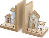 Carousel Home Wooden House Bookends Pair Shabby Chic Townhouse 13x10.5x9cm view 4