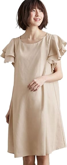 Amazon Co Jp Angeliebe エンジェリーベ マタニティ ワンピース 授乳服 授乳口付 ウォッシャブルリネンライクフリル スリーブ ワンピ 産前産後 半袖 フォーマル お宮参り M ベージュ 服 ファッション小物
