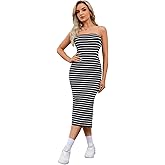 Floerns Women's Striped Strapless Textured Rib Tube Top Dress Split Thigh Bodycon Midi Dresses
