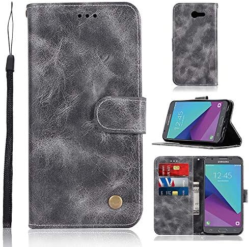 Teepo Galaxy J7 (2017) Case, Galaxy J7 V/J7 Prime Leather Case, J7 Sky Pro Clamshell Wallet case/Wrist Strap/Magnetic Buckle/Credit Card Slot Holder/Bracket Function for Samsung Galaxy J7(2017) -Gray