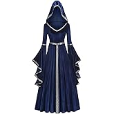HAPNBCELE Medieval Dress for Womens, Renaissance Princess Costume Long Sleeve Dresses with Hood Evening Feast Party Halloween