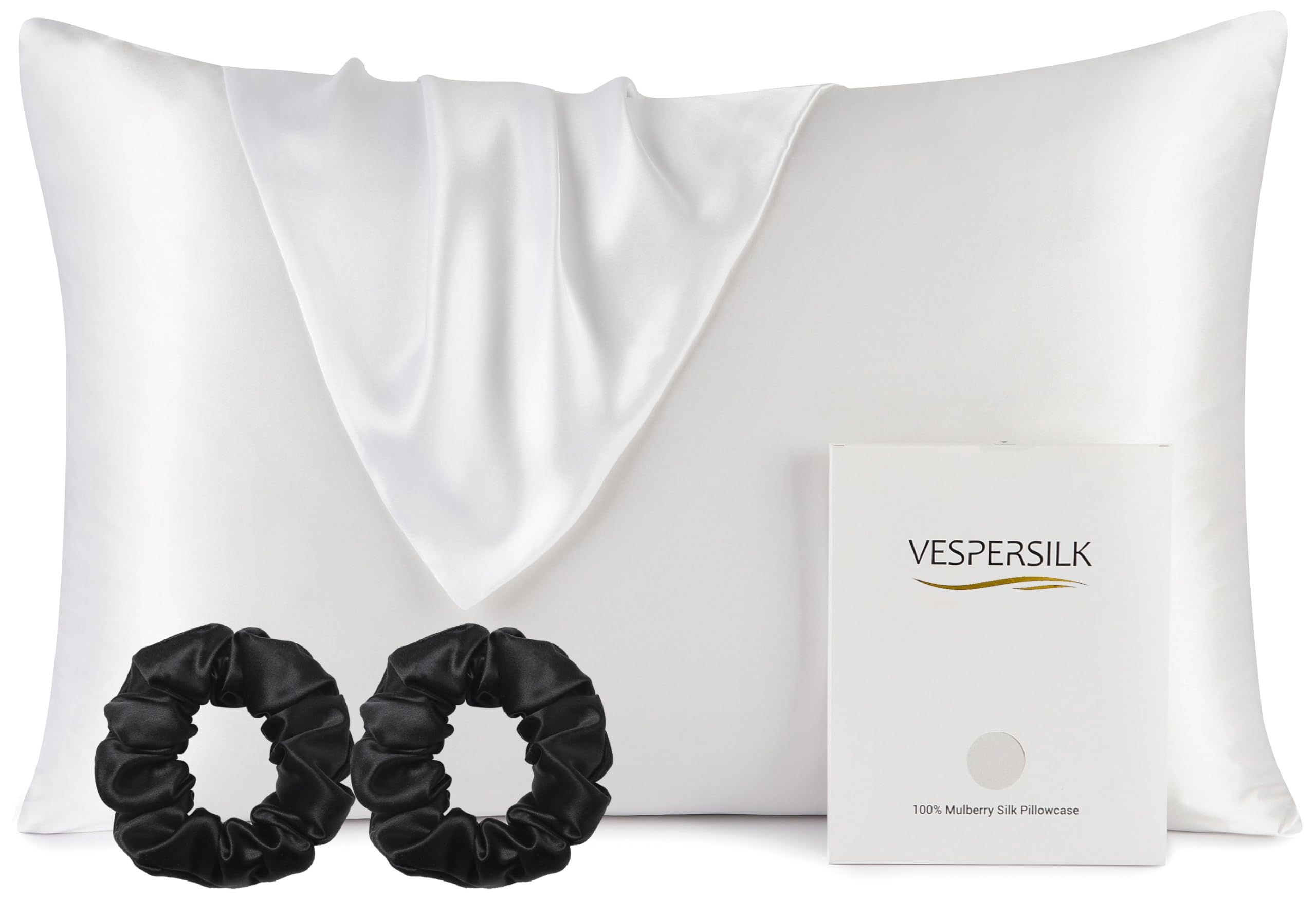 Vespersilk 100% Mulberry Silk Pillowcase & 2 Scrunchies Set for Hair and Skin Health, 19 Momme Grade 6A Organic Silk Both Sides, with Hidden Zipper (Standard 50x75cm, White)