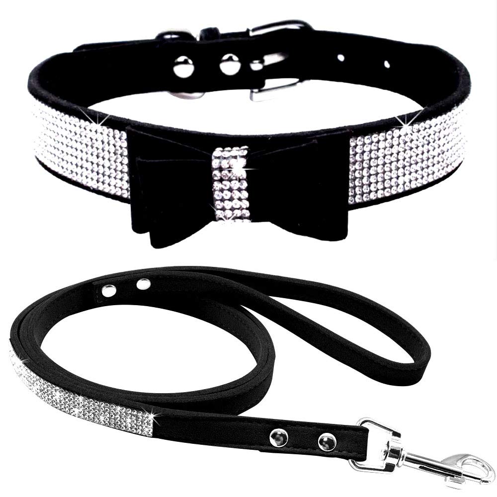 haoyueer Cute Dazzling Sparkling Elegant Fancy Soft Suede Leather Bling Rhinestone Crystal Jeweled Pet Cat Dog Puppy Collar Dog Leash Combo Set (XS, Black-1) โ image 1