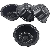LoveDeal 4 Inch Fluted Tube Cake Pan, Nonstick Mini Kugelhopf Mold, Carbon Steel Fluted Baking Cake Pans, Metal Round Pumpkin Shaped Mould for Muffin, Brownie, Pudding - Black, Set of 4