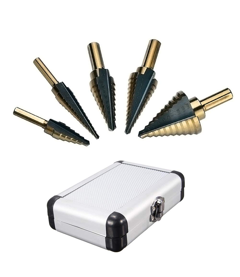 Mengshen Step Drill 5-Piece Set British System 1/4-1-3/8" 3/16-7/8" 1/4-3/4" 1/8-1/2" 3/16-1/2", High Speed Steel HSS Titanium Coated Triangle Shank HSS Multifunction Pagoda Drill