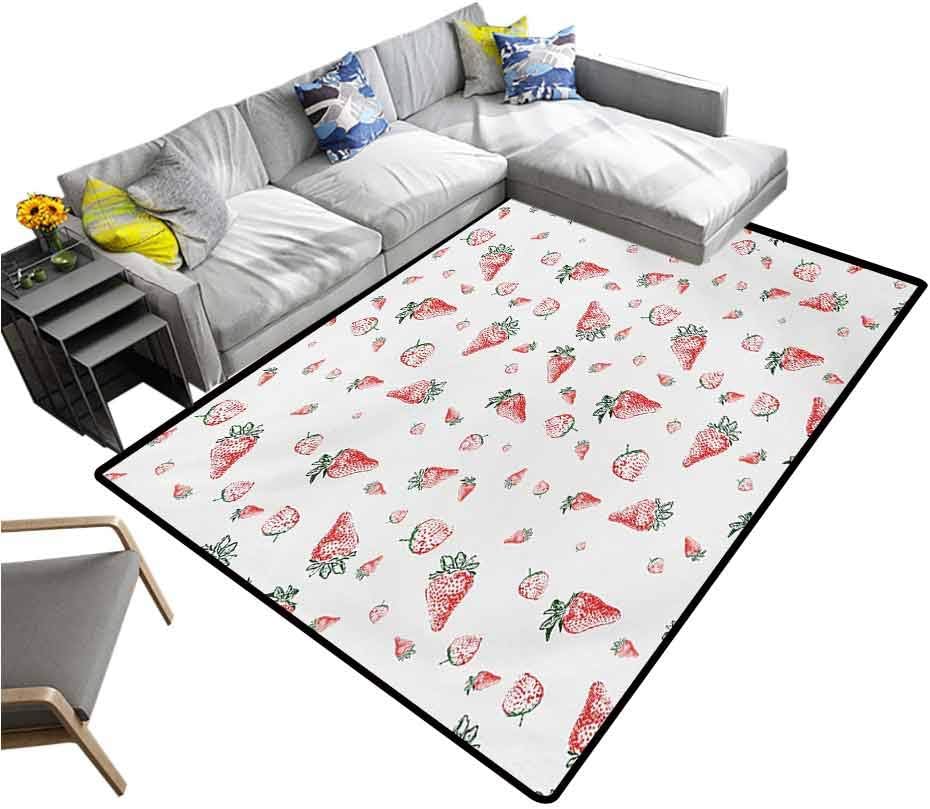 Strawberry Modern Indoor Rugs Grunge Pattern with Tropical Fruits Healthy Living Organic Eating Non-Slip Doormat Carpet Vermilion Green White (6'6"x8')