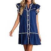 HOULENGS Women's Summer Ruffle Cap Sleeve Flowy Short Dresses Button Down V Neck A Line Babydoll Mini Dress with Pockets