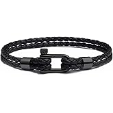 Elegatto Helix Premium Vintage Leather Bracelet for Men | Double Black Leather Strands with Sterling Silver Polished Mini Shackle Closure | Men’s Designer Jewelry