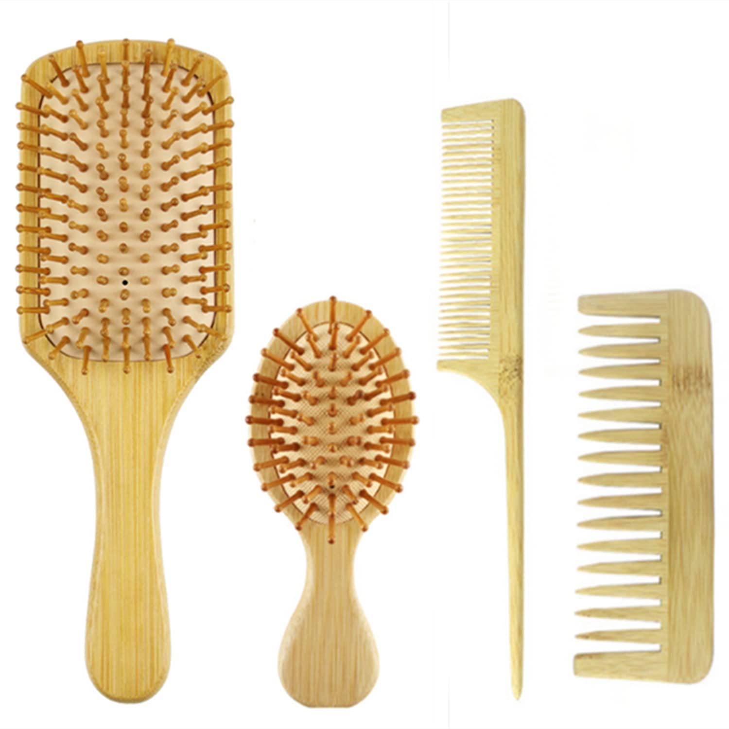 LATRAT 4-Piece Wooden Bamboo Hair Brush Set - Massage Scalp, Detangle Thick, Straight, Curly, Wavy Hair - Unisex, All Ages