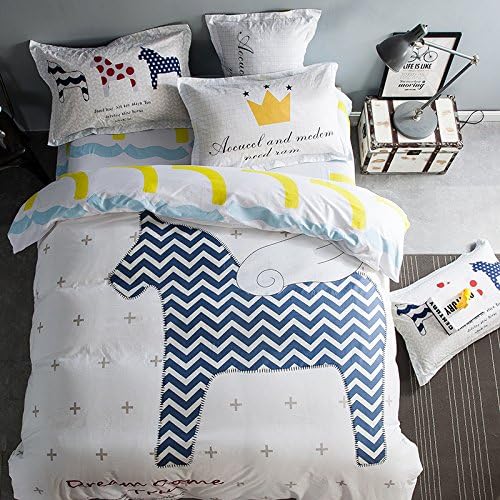 Sisbay Unique Pony Baby Bedding King,Animal Cartoon Print White Duvet Cover,Modern Simple Bed Sheet for Boys Girls,4pcs