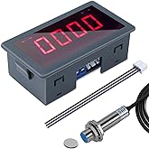ICSTATION AC 110V-230V LED Tachometer, 4 Digital Red Motor Tachometer RPM Speed Meter with Hall Proximity Switch Sensor NPN for Lathe Conveyor Belt