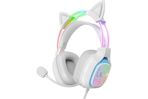 ONITOON Gaming Headset with Microphone, RGB Lights, Detachable Cat Ear, Lightweight Over-Ear Headphones with Adjustable Headband for PC, PS4, PS5, Mac, Switch, Surround Sound, in-Line Control, White