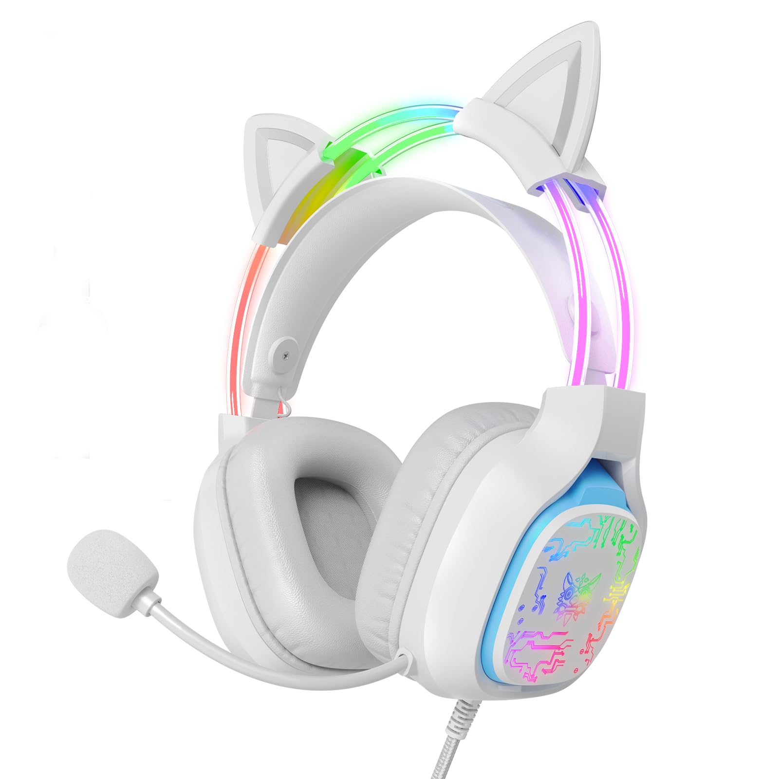 ONITOON Gaming Headset with Microphone, RGB Lights, Detachable Cat Ear, Lightweight Over-Ear Headphones with Adjustable Headband for PC, PS4, PS5, Mac, Switch, Surround Sound, in-Line Control, White