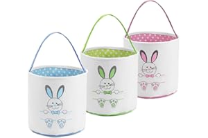 Waarms 3 Pack Easter Bunny Basket Bags for Kids, Canvas Cotton Personalized Egg Basket Hunt Bags Cute Rabbit Print Buckets for Easter Eggs, Candy, Gift (Blue, Pink, Green)