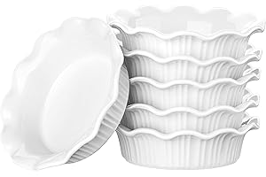 LOVECASA 8 OZ Ceramic Mini Pie Pans, 5.5 Inches Small Pie Dishes Ramekins with Ruffled Edge, Baking Pie Plates for Apple Pie, Quiche, Pot Pies, Tart, Oven and Microwave Safe, White, Set of 6