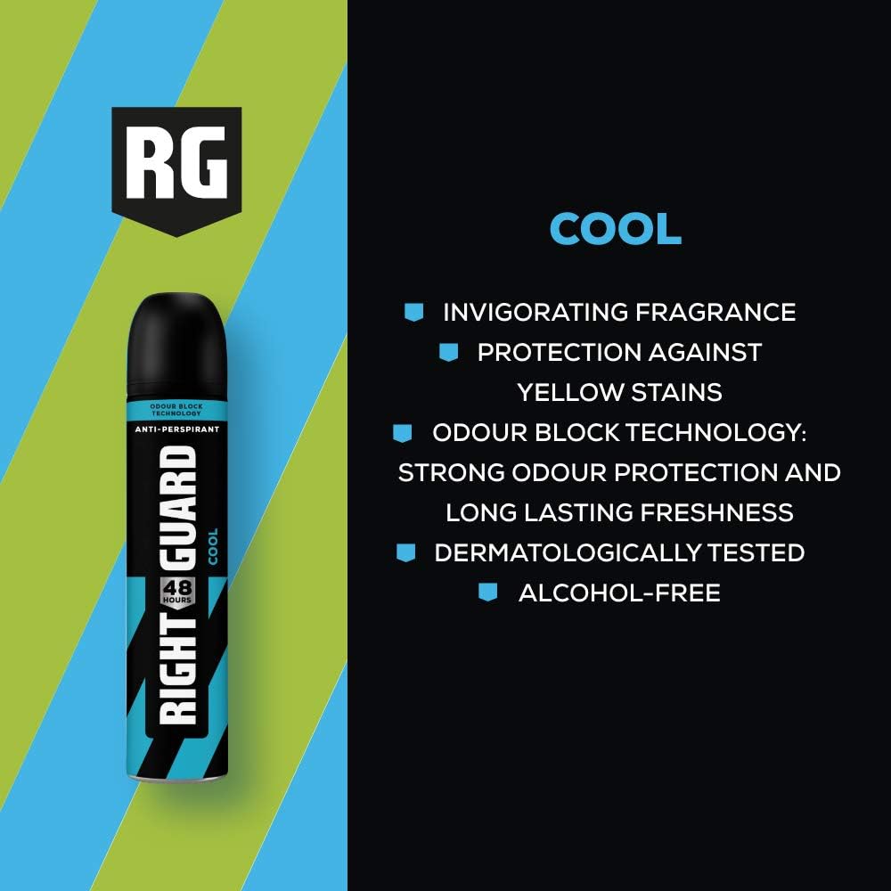 Right Guard Mens Deodorant, Total Defence 5, Cool 48H High-Performance Anti-Perspirant Spray, Multipack 6 x 250 ml - Image 4