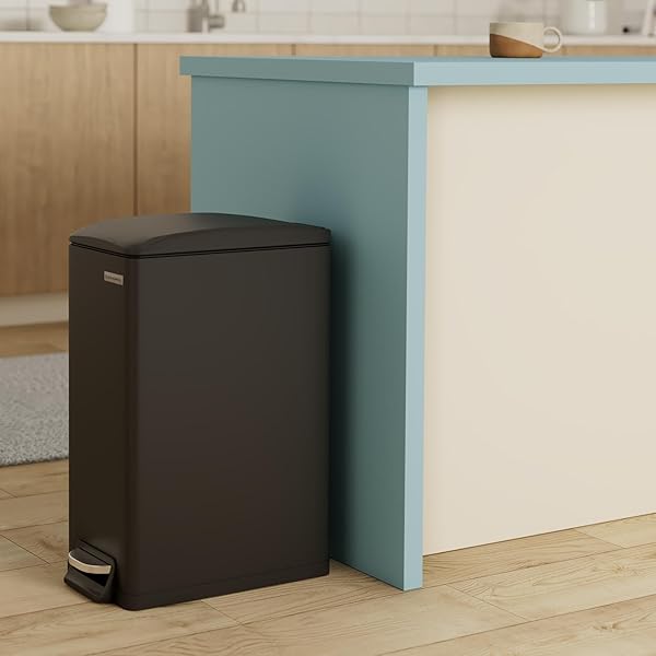SONGMICS SLIM TRASH CAN, 13-GALLON (50 L) GARBAGE CAN FOR NARROW SPACES WITH SOFT-CLOSE LID, INNER BUCKET, AND STEP-ON PEDAL, STAINLESS STEEL, 15 TRASH BAGS INCLUDED, BLACK ULTB510B48