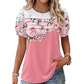 Zeagoo Womens Short Sleeve Tops Floral Boho Shirts Pleated Crewneck Summer Outfit Puff Sleeve Blouses Casual Tunic