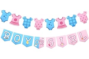 Boy or Girl Banner, Pre-Strung Neutral Gender Reveal Decorations Paper Baby Shower Garland with Blue & Pink Bodysuit Clothesl